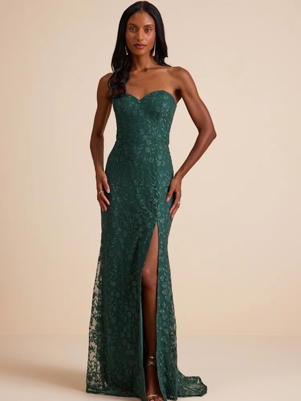 Lulus Romantic Beauty Green Floral Embroidered Strapless Maxi Dress